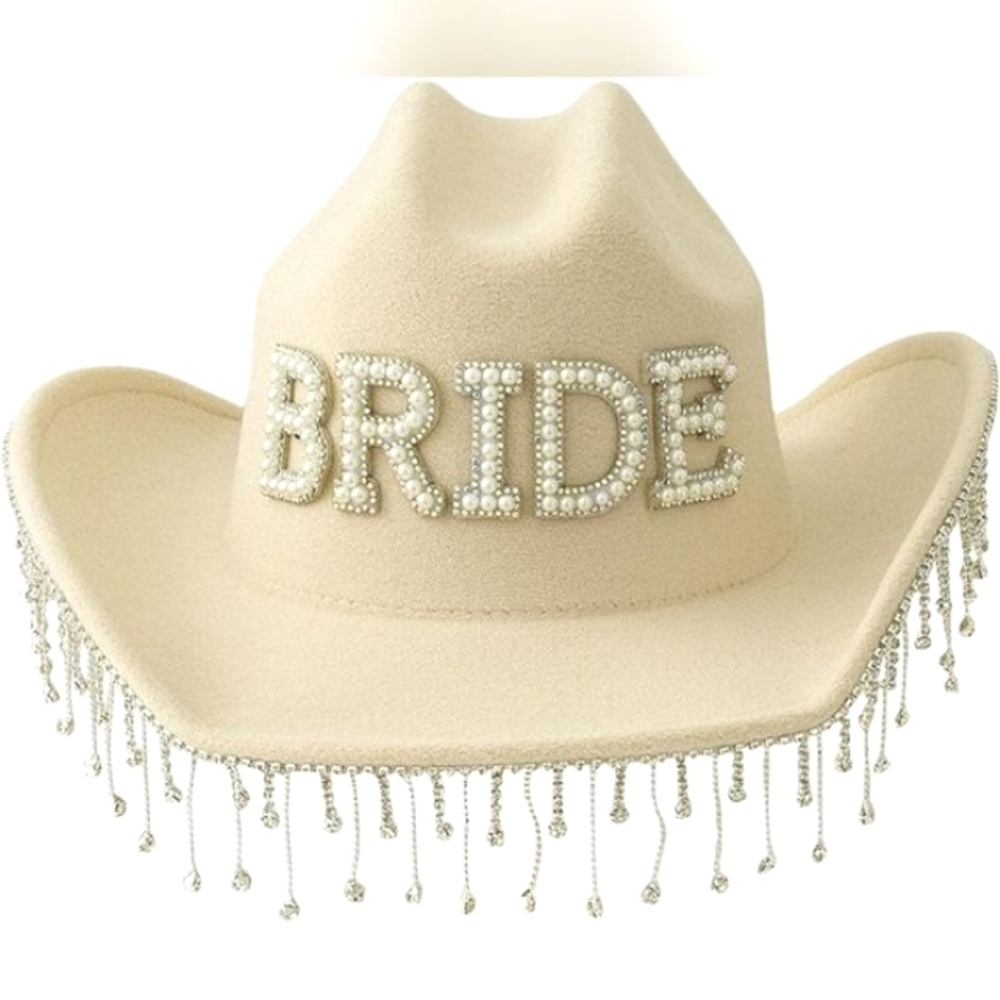 Beige Bridal Cowboy Hat with Pearl Fringe
